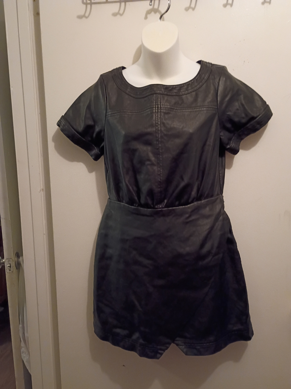 Anthropologie Black Faux Leather Short Sleeve Dress